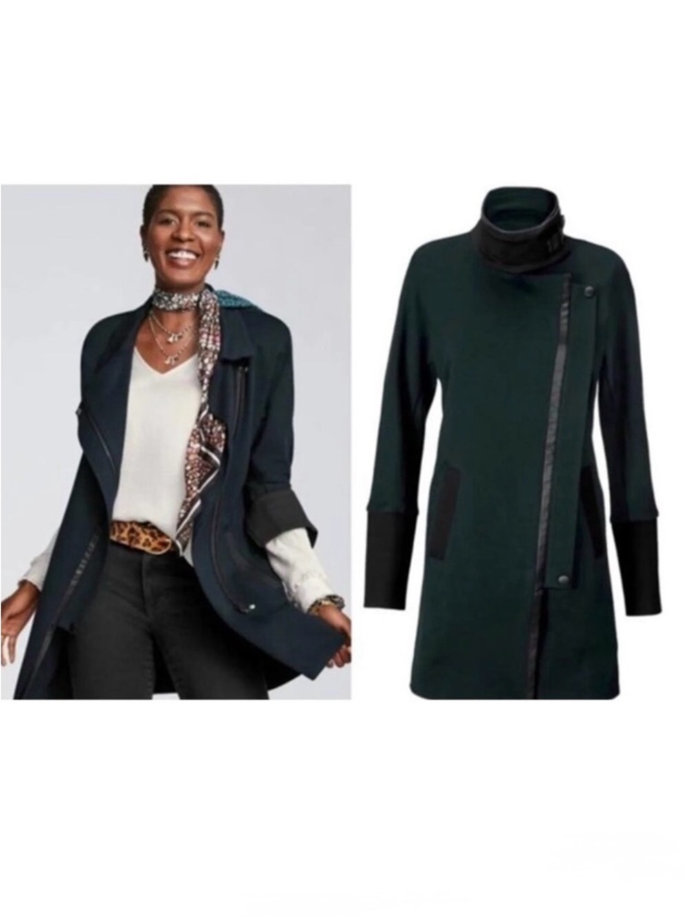 Cabi Renaissance Forest Green Black Asymmetrical Full Zip Mid Length Jacket S